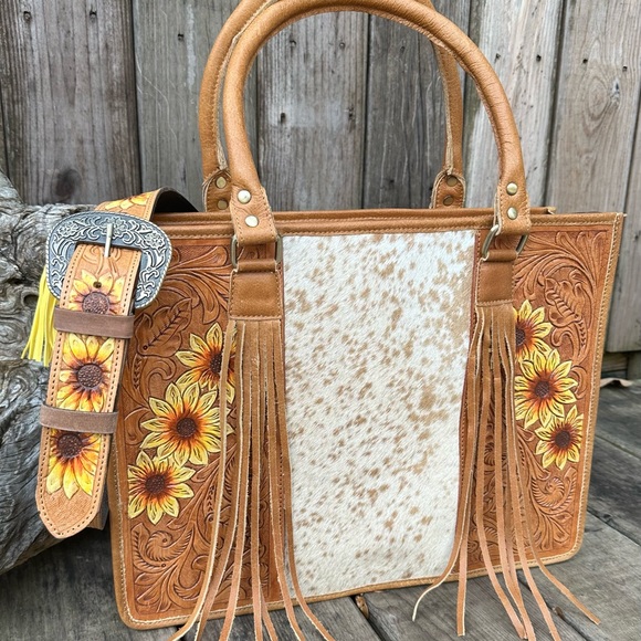 unbranded Handbags - 🌻NEW GENUINE COWHIDE TOOLED LEATHER SUNFLOWER HANDBAG BAG PURSE BELT STRAP🌻